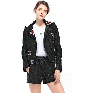 Womens Faux Leather PU Moto Jacket Floral Embroidered Biker Coat Outerwear